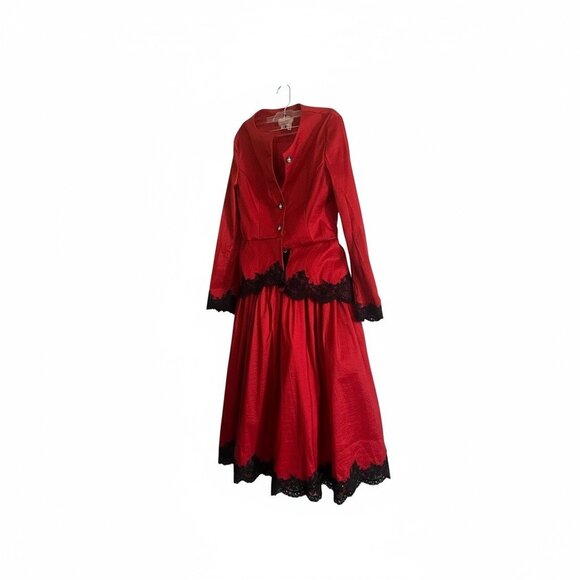 Rachel Roy Red Dress & Matching Jacket – Size 12, Black Lace Trim, Designer Set - Picture 3 of 7